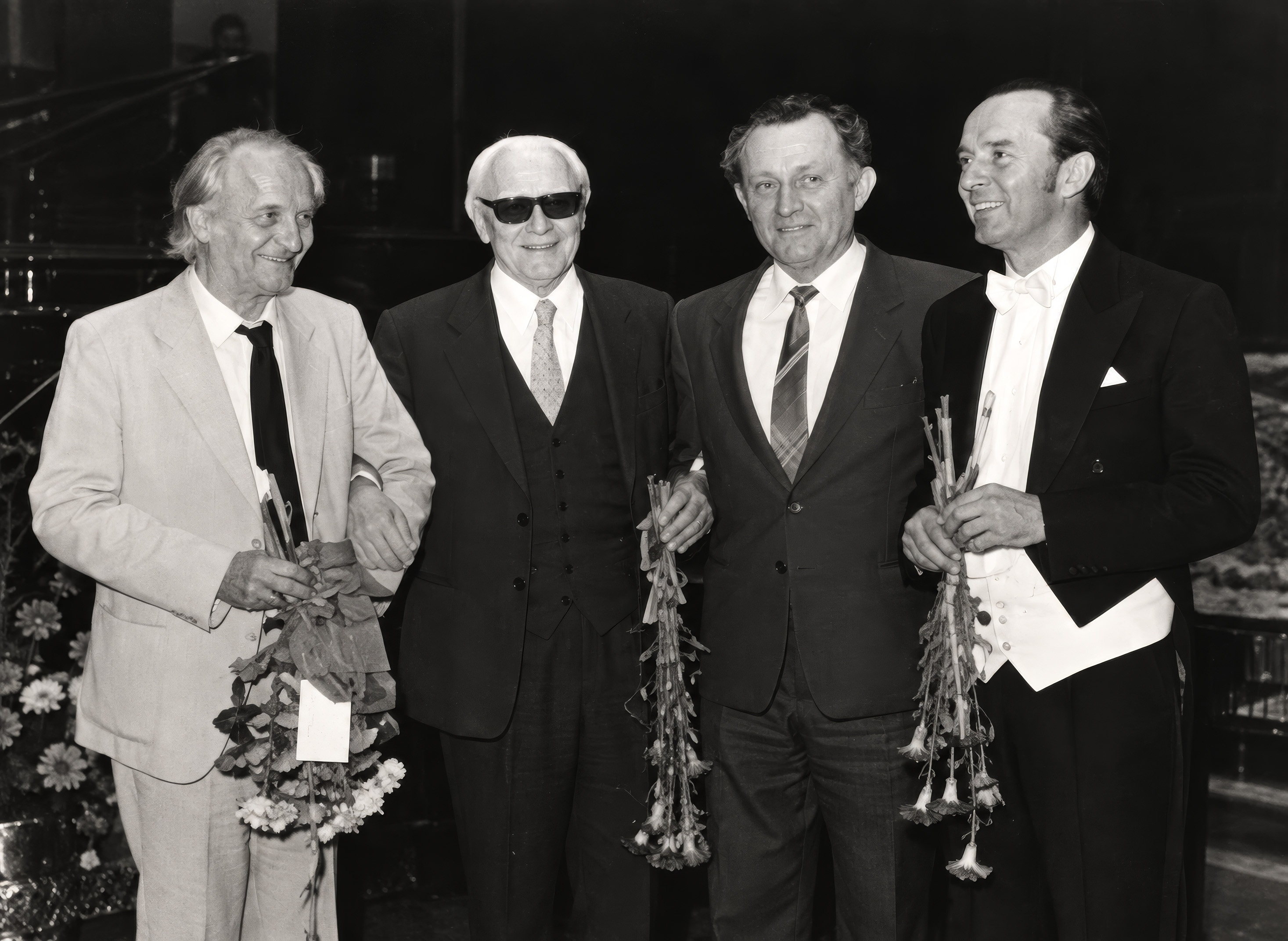 Branislav Kriška, Eugen Suchoň, Marián Jurík and Ondrej Lenárd with flowers after the premiere of Svätopluk